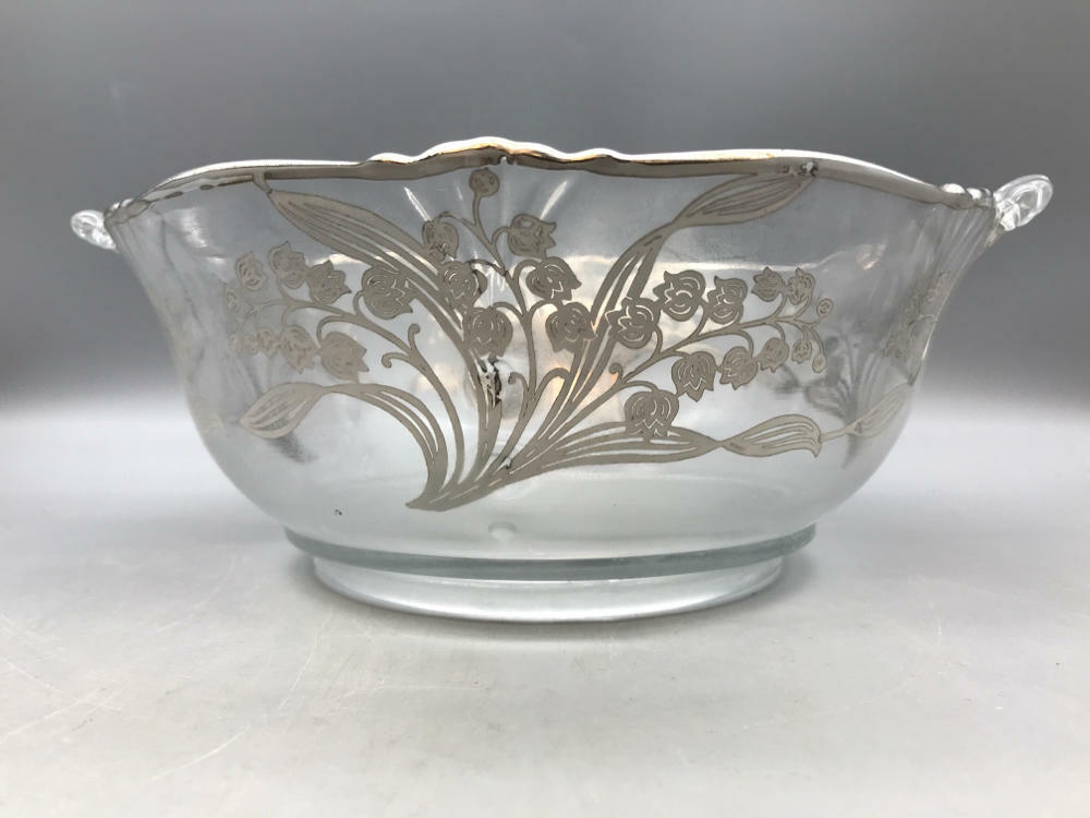 Vintage Clear Glass Serving Bowl With Floral Overlay