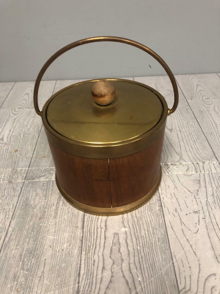 Vintage Henry & Miller Ice Bucket Wood & Brass Outside wt Aluminum Steel Lining - Good