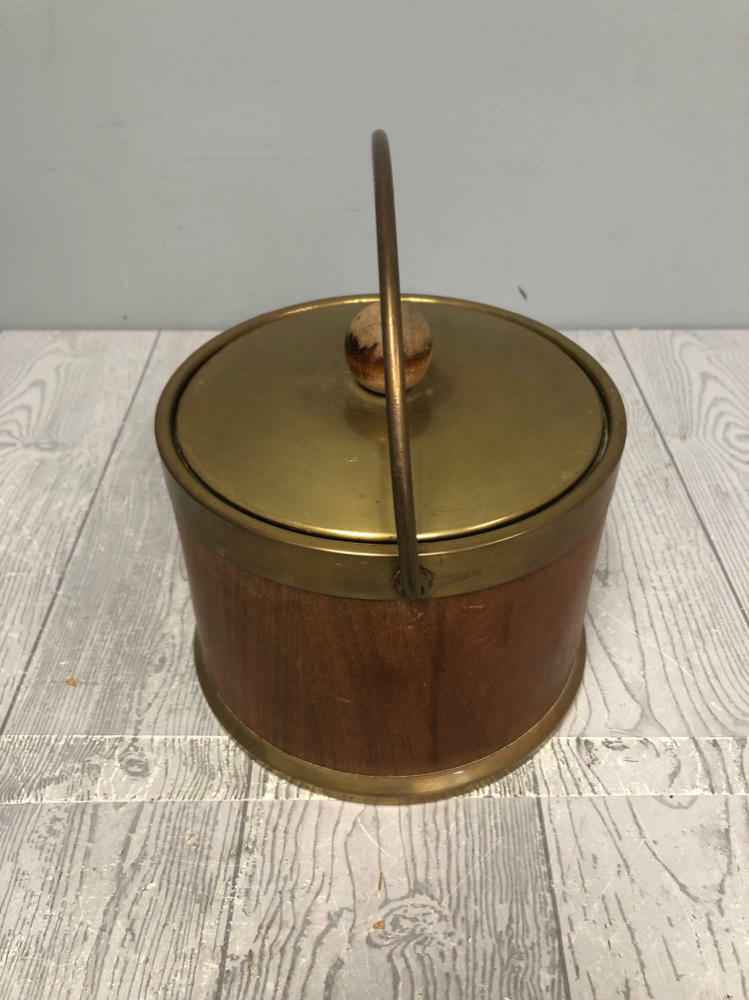 Vintage Henry & Miller Ice Bucket Wood & Brass Outside wt Aluminum Steel Lining - Good