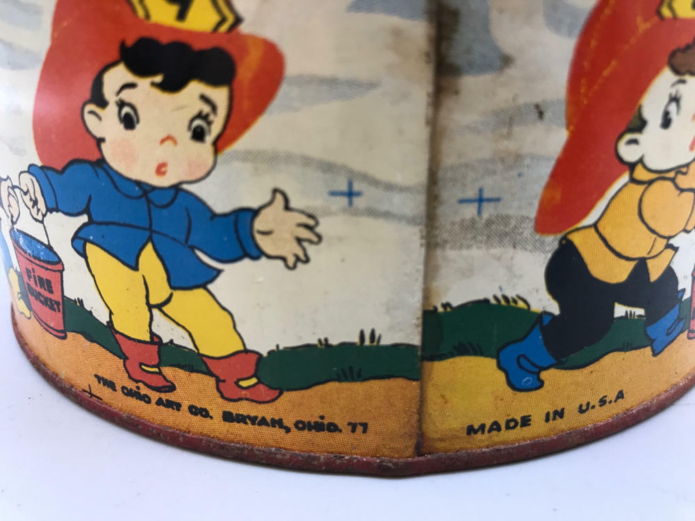 Vintage Ohio Art BHK Benjamin Tin Litho Toy Water Pump False Alarm Firemen - Very Good
