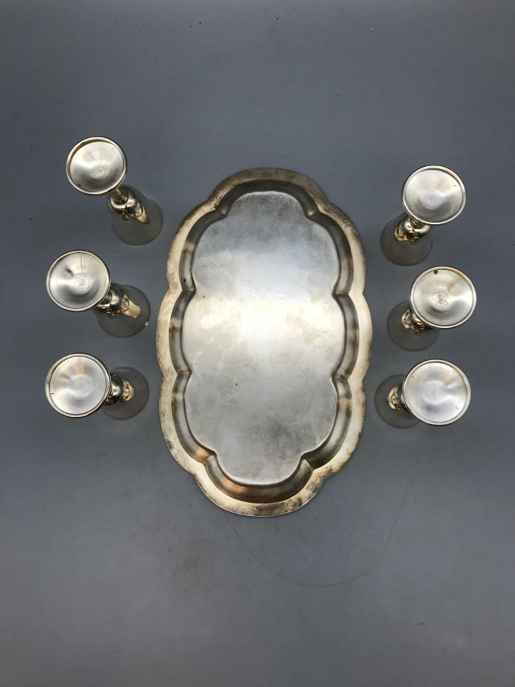 Pilgrim Silver Plate Goblets Set of 5 with Etched Unbranded Silver Plate Tray - Good