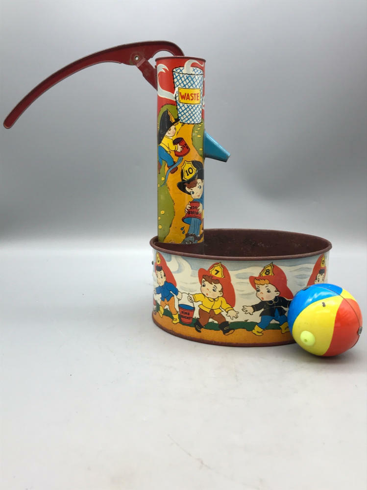 Vintage Ohio Art BHK Benjamin Tin Litho Toy Water Pump False Alarm Firemen - Very Good