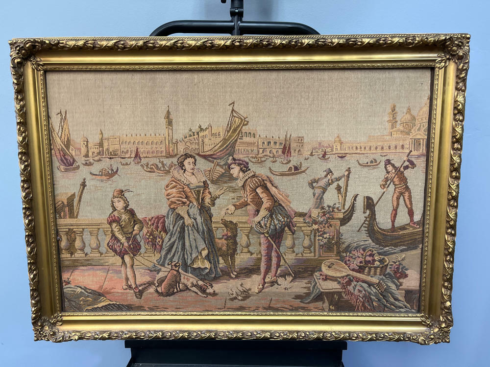Vintage Pictorial Tapestry Romantic Tapestry in Gilded Gold Frame - Good