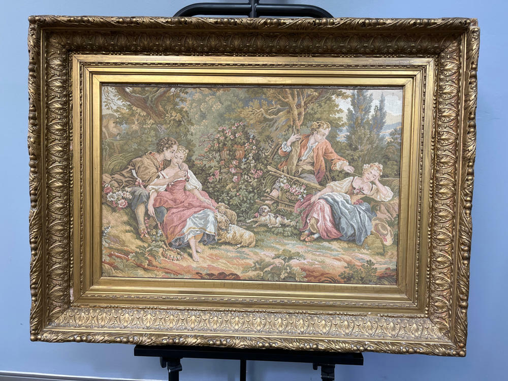 Vintage Pictorial Tapestry Romantic Tapestry in Gilded Wide Gold Frame - Good