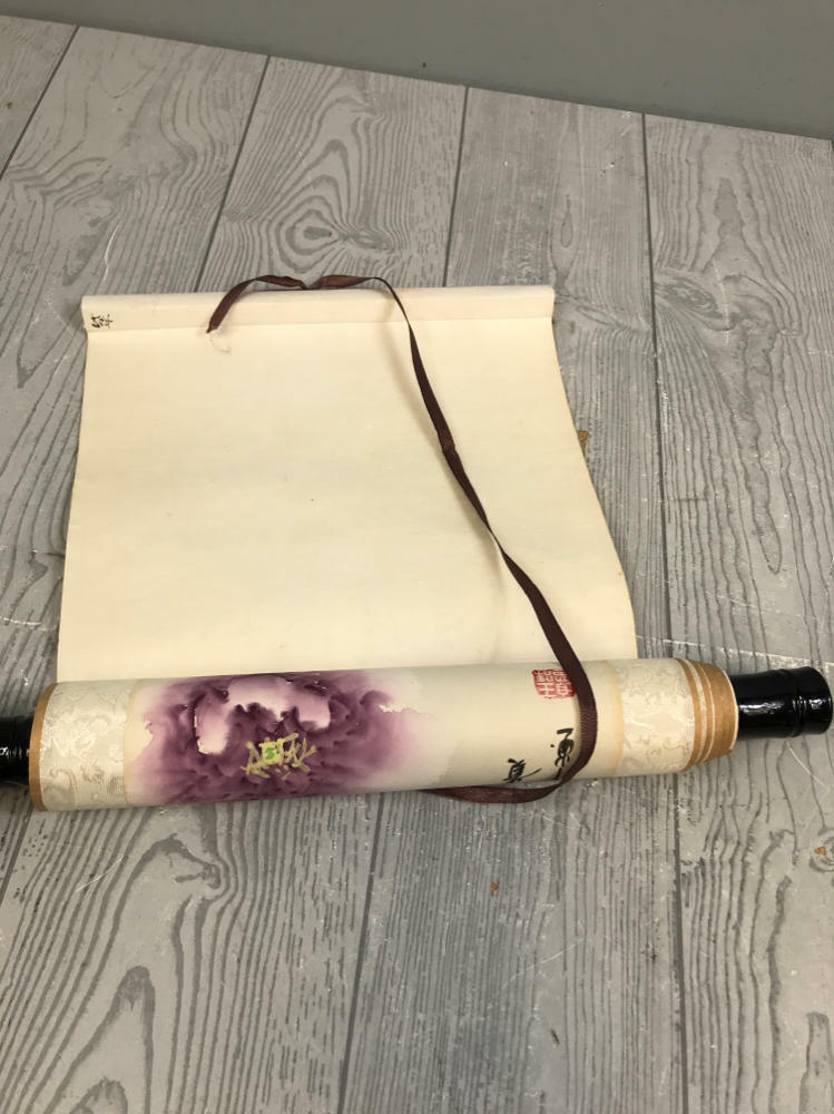 Floral Chinoiserie Silk Scroll Painting Peony Blossom - Good