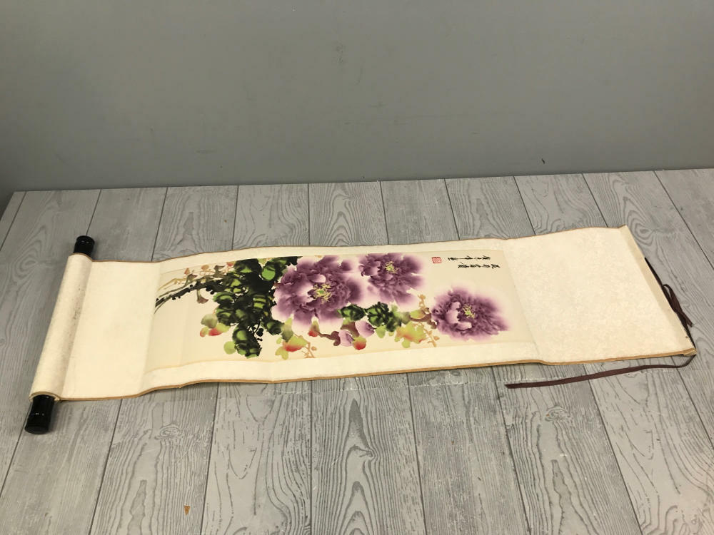 Floral Chinoiserie Silk Scroll Painting Peony Blossom - Good