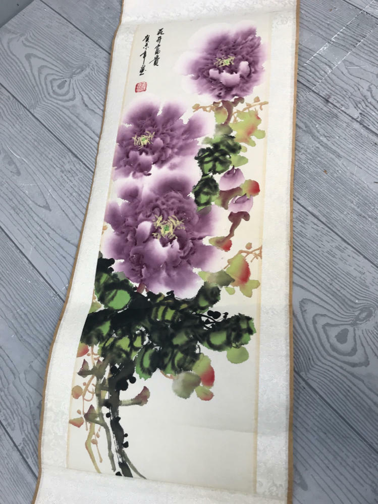 Floral Chinoiserie Silk Scroll Painting Peony Blossom - Good