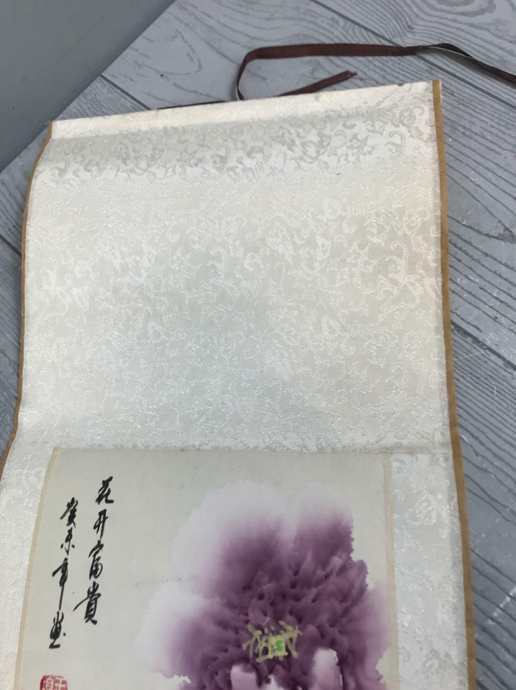 Floral Chinoiserie Silk Scroll Painting Peony Blossom - Good