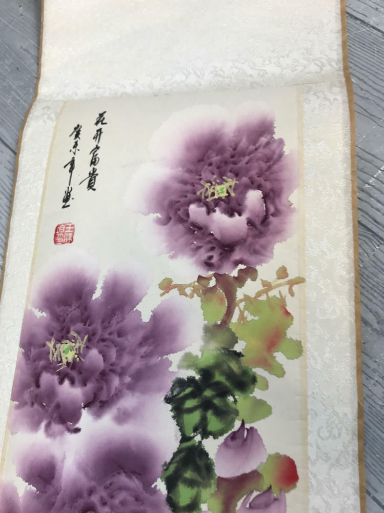 Floral Chinoiserie Silk Scroll Painting Peony Blossom - Good