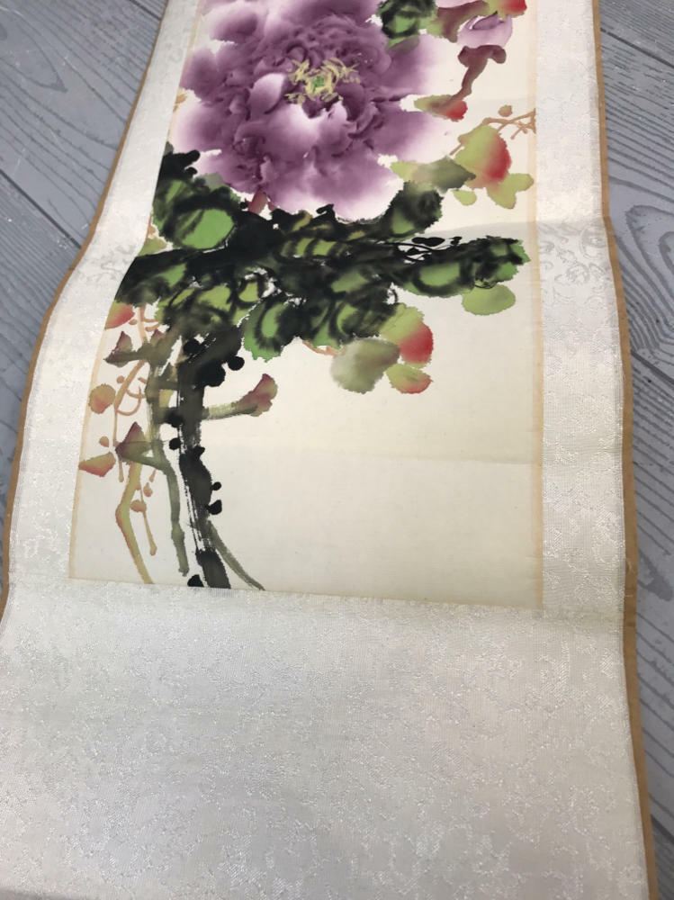 Floral Chinoiserie Silk Scroll Painting Peony Blossom - Good