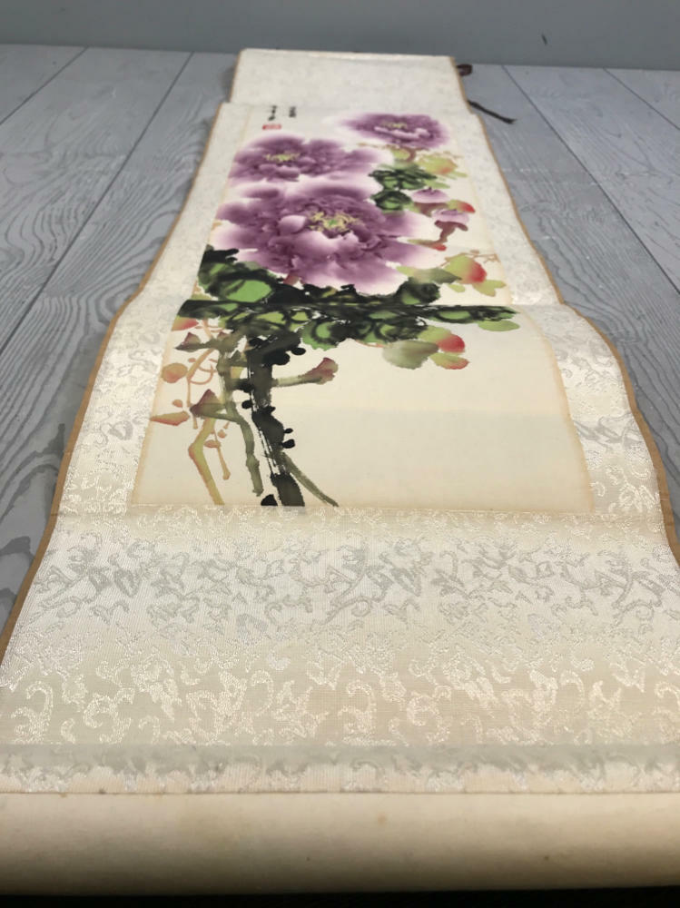 Floral Chinoiserie Silk Scroll Painting Peony Blossom - Good