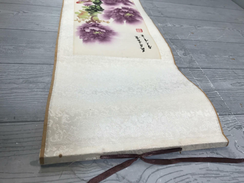 Floral Chinoiserie Silk Scroll Painting Peony Blossom - Good