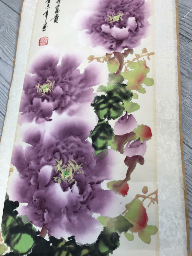 Floral Chinoiserie Silk Scroll Painting Peony Blossom - Good