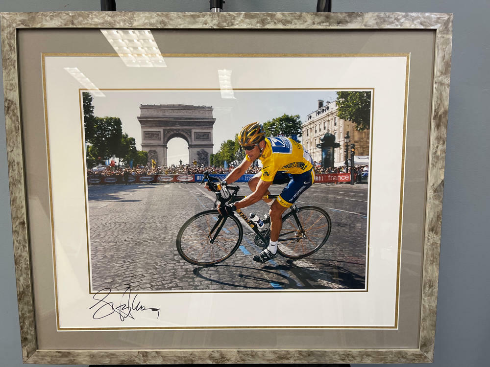 Signed Lance Armstrong Photo in Front of Arc de Triomphe Paris, France - Good