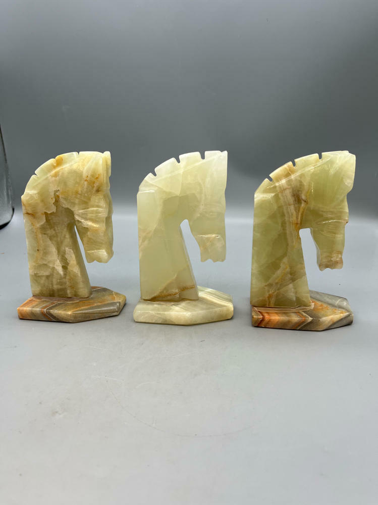 Three Vintage Marbled Carved Stone Trojan Horse Book Ends/Paper Weights - Good