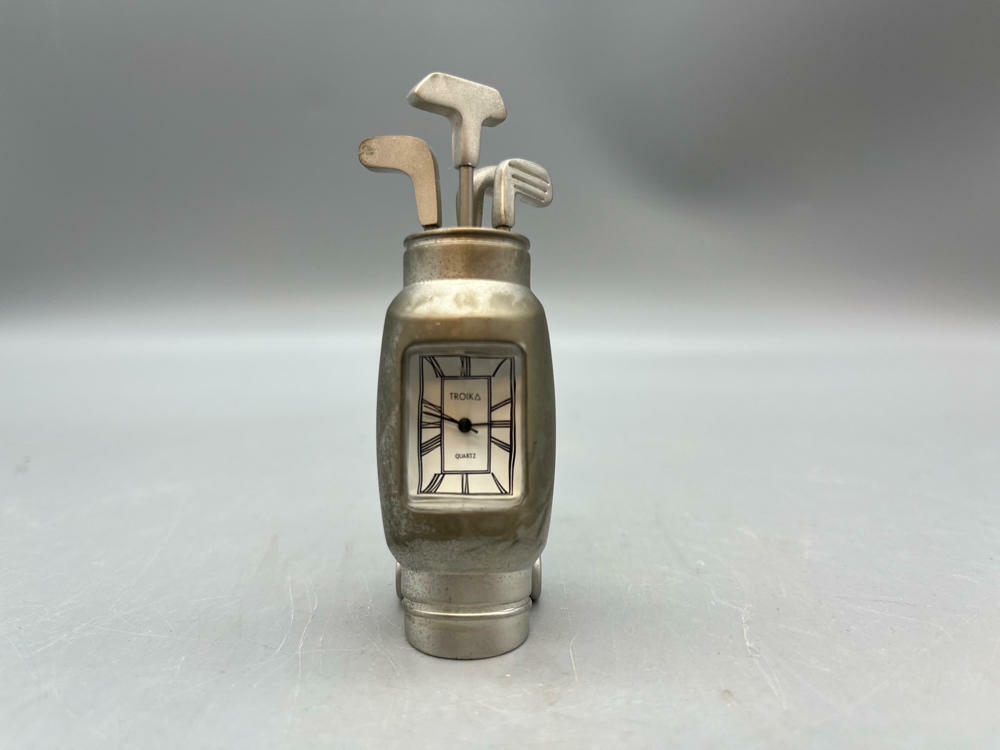 Troika Quartz Desk Clock Watch- Silver Toned Golf Clubs - Good