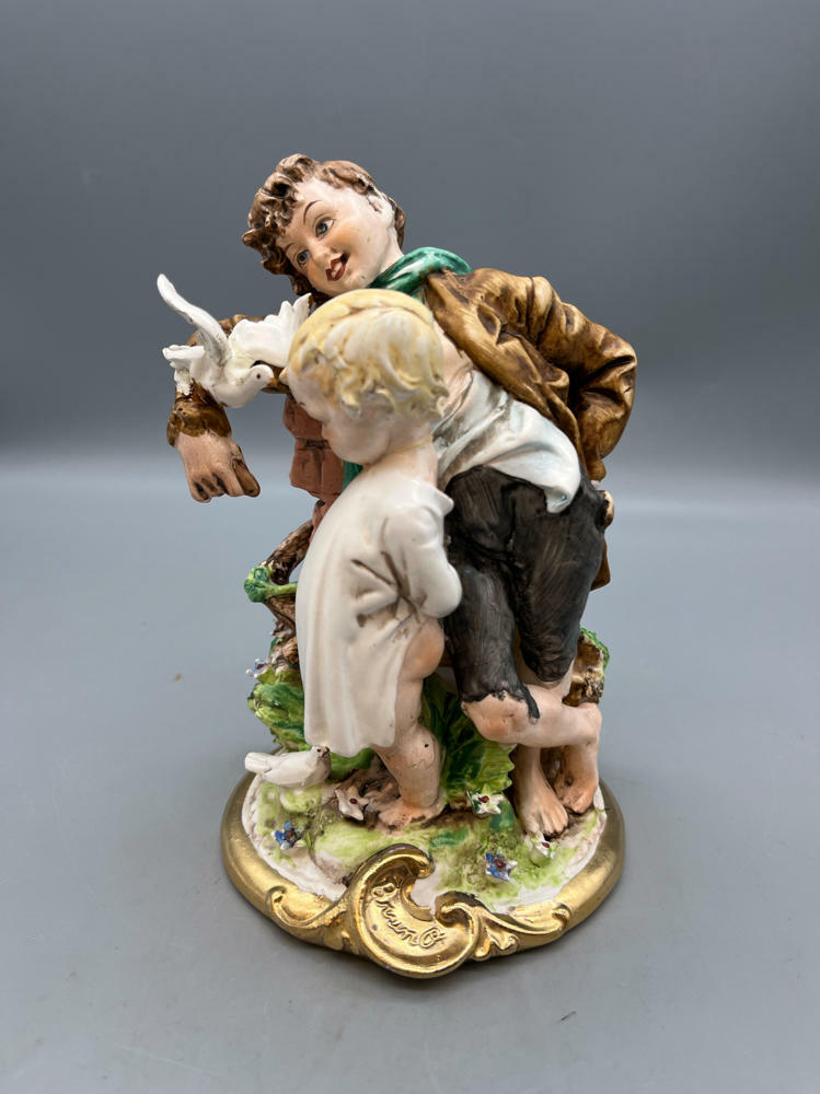 Vintage Statue of Children with a Bird Capodimonte Style Ceramic Figurine - Good