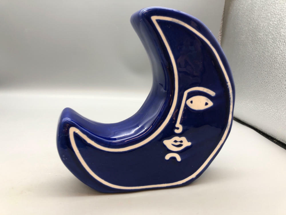 Moon with a Face Vase Blue & White Ceramic New In Box