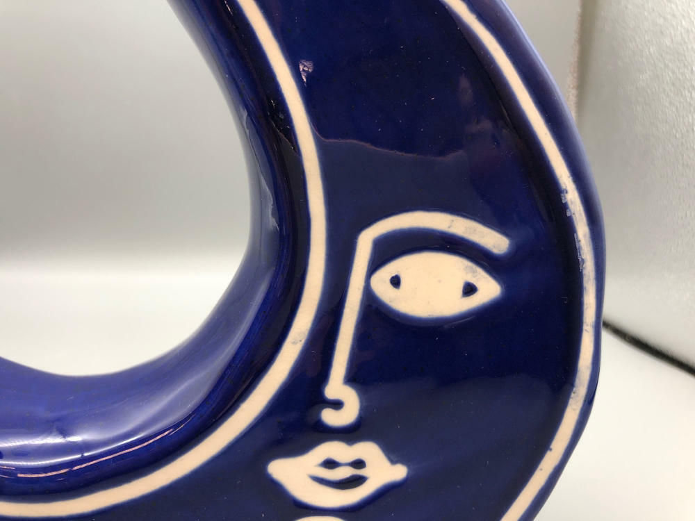 Moon with a Face Vase Blue & White Ceramic New In Box