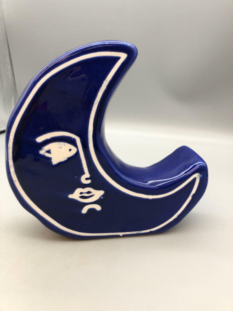 Moon with a Face Vase Blue & White Ceramic New In Box