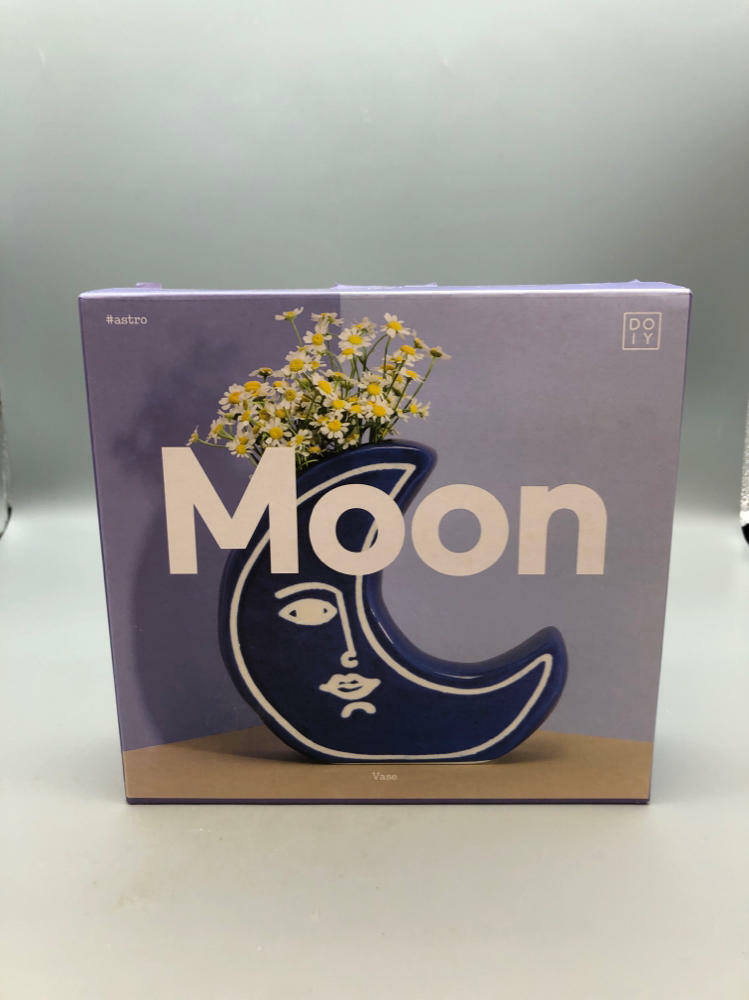 Moon with a Face Vase Blue & White Ceramic New In Box