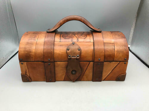 UNIQUE!!! Leather Wrapped Wood Storage Box with Hinged Lid & Handle - Good