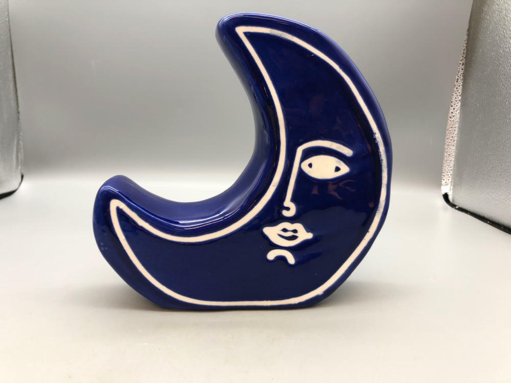 Moon with a Face Vase Blue & White Ceramic New In Box