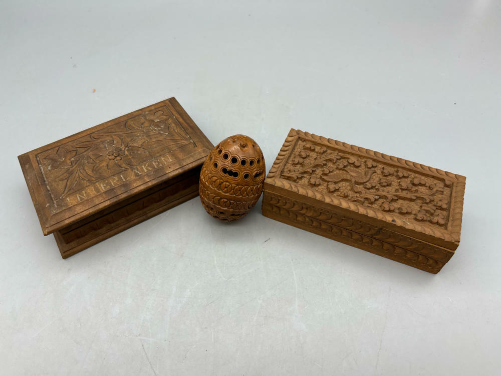 Two Hand Carved Wooden Lidded Boxes Interlaken & Coquilla Nut - Good