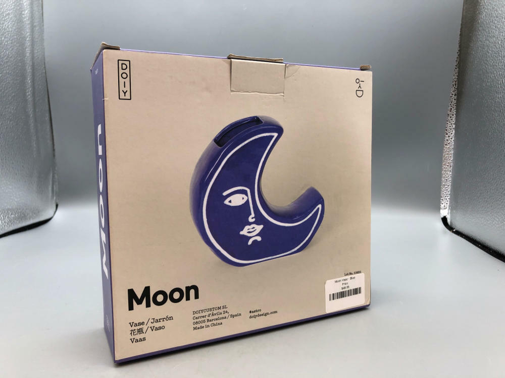 Moon with a Face Vase Blue & White Ceramic New In Box
