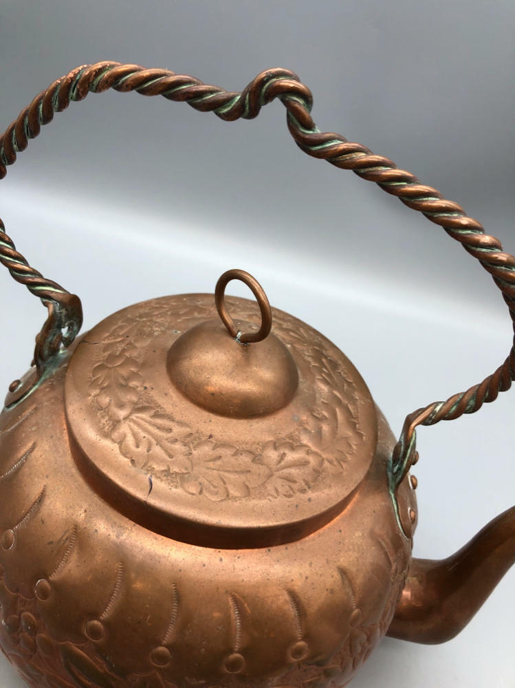 Vintage Copper Kettle with Floral Stamp - Good