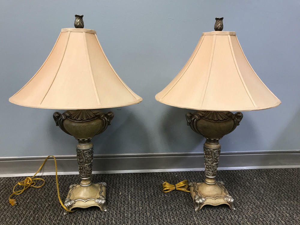 Vintage Set of Bronze Colored Lamps with Shades Ornate Detailing - Good