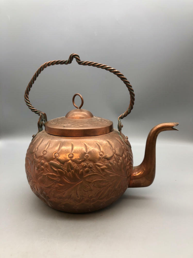Vintage Copper Kettle with Floral Stamp - Good