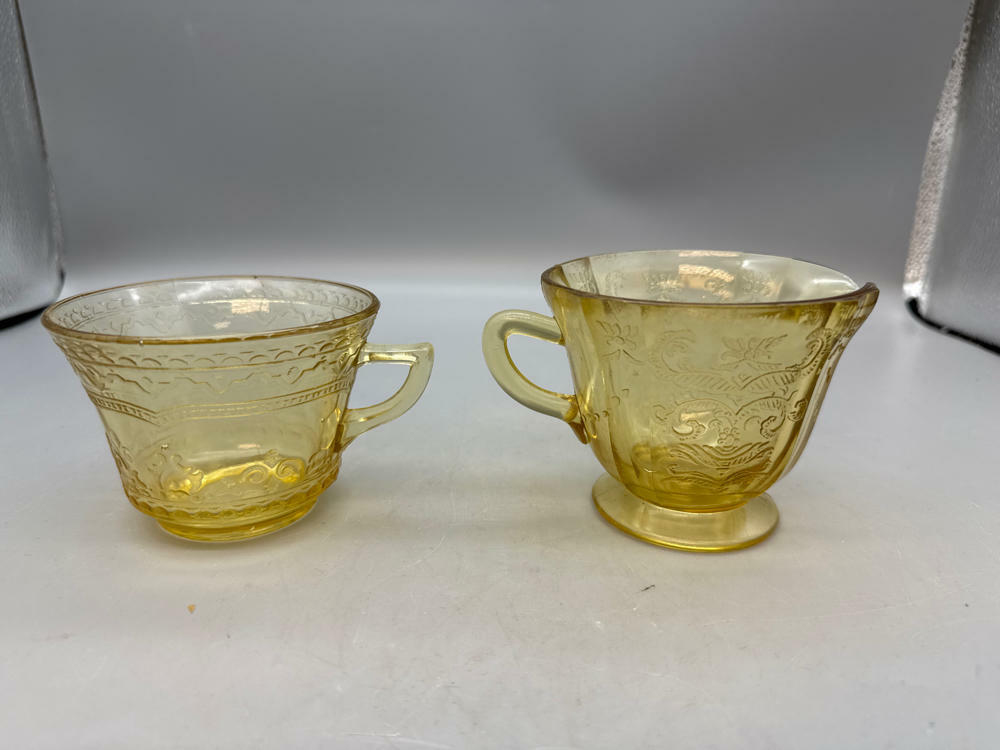 3 Piece Lot of Vintage Yellow Depression Glass Thumbprint Divided Dish & 2 Cups