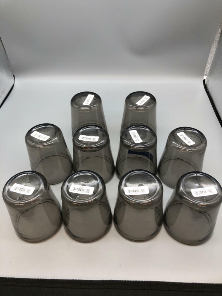 Set of 10 Bon Chef Plastic Cups 14 Oz. 3-1/2" Dia. X 4-1/4"H Smoke Gray Black - Like New