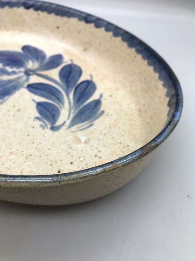 Vintage Siegfried Hand Made Deep Dish Blue Flower Pottery Plate - Good