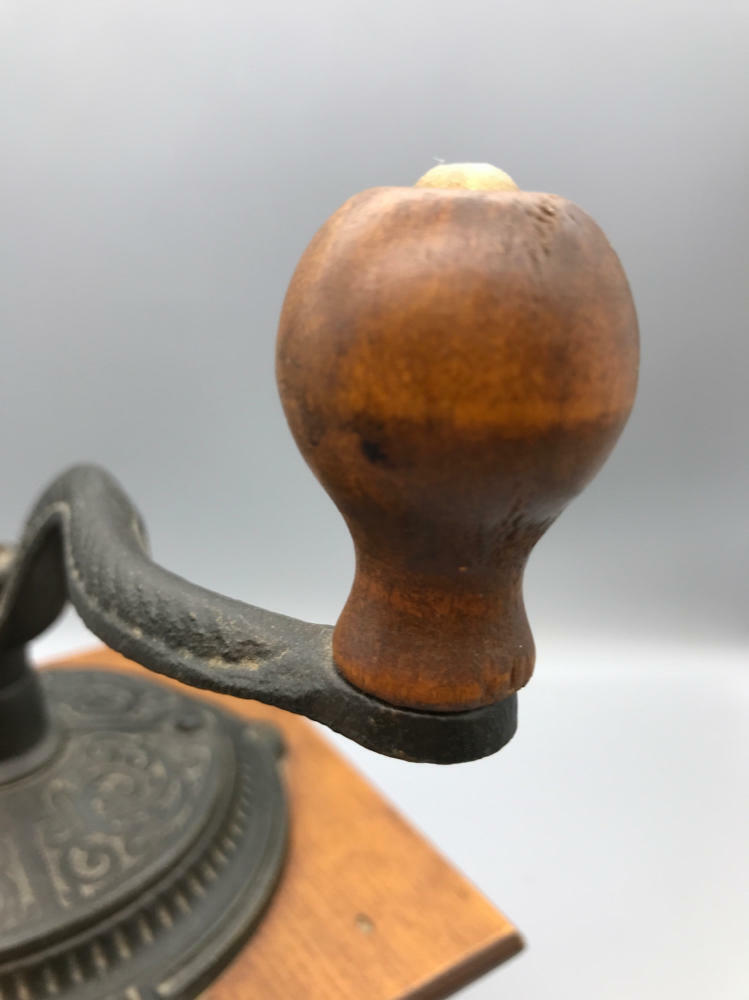 Vintage Coffee Grinder Mill Box with Drawer & Hand Crank Finger Jointed Wood - Good