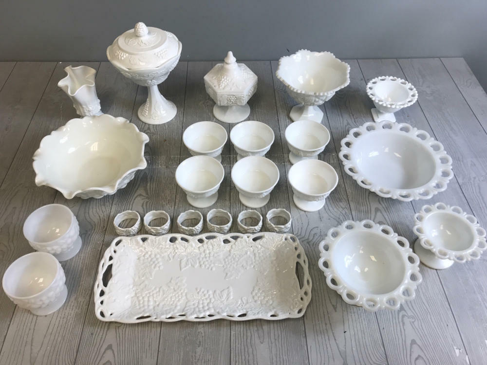 Wow!!! Lot of 24 Pieces of Assorted Sets & Styles of Milk Glass - Good