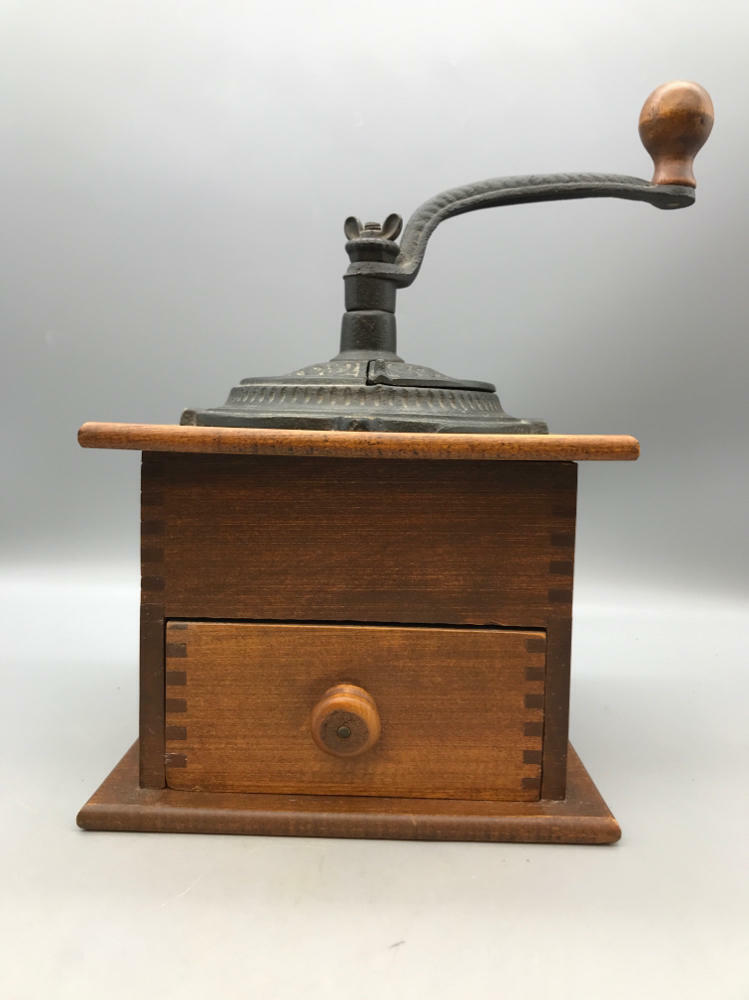 Vintage Coffee Grinder Mill Box with Drawer & Hand Crank Finger Jointed Wood - Good
