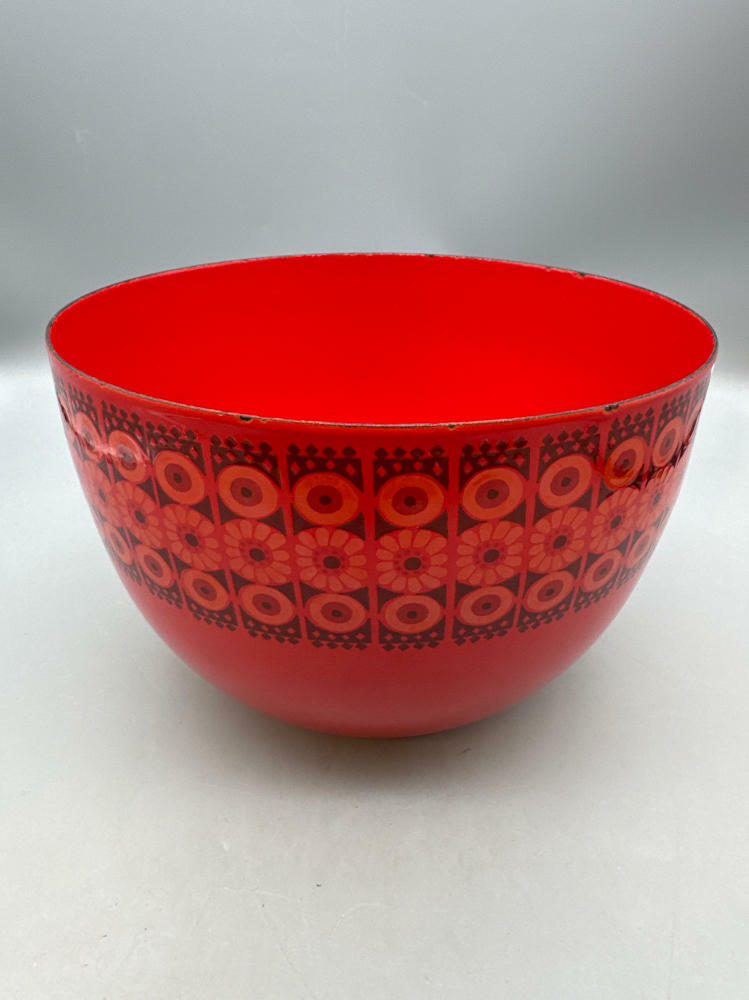 RARE!!! Finel "Arabia" Enamel Bowl Wartsila Finland MCM Red/Orange Daisy Flowers - Good