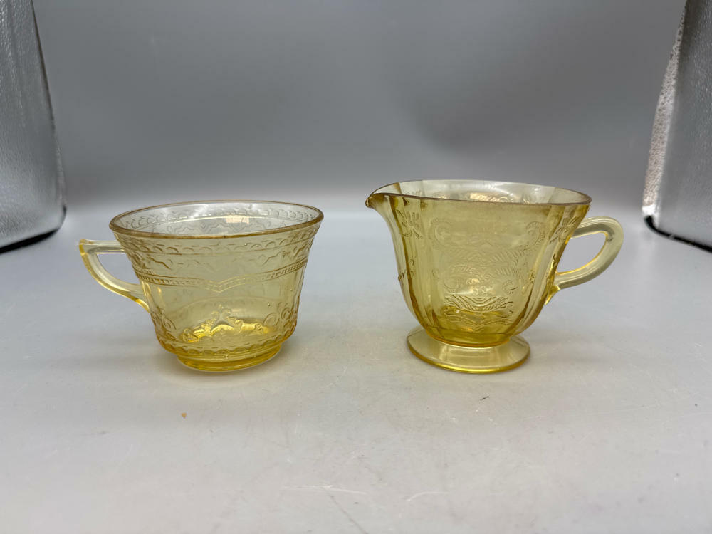 3 Piece Lot of Vintage Yellow Depression Glass Thumbprint Divided Dish & 2 Cups