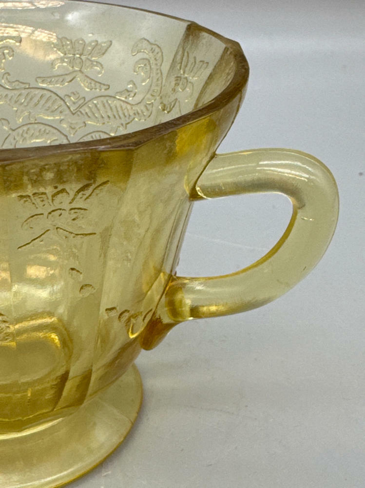3 Piece Lot of Vintage Yellow Depression Glass Thumbprint Divided Dish & 2 Cups