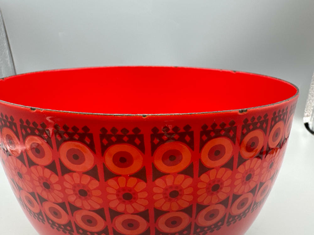RARE!!! Finel "Arabia" Enamel Bowl Wartsila Finland MCM Red/Orange Daisy Flowers - Good
