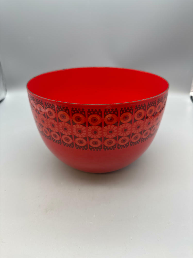 RARE!!! Finel "Arabia" Enamel Bowl Wartsila Finland MCM Red/Orange Daisy Flowers - Good