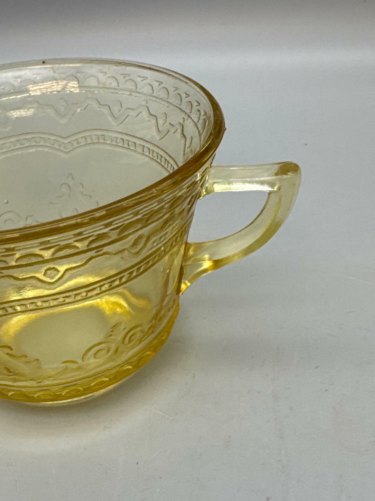 3 Piece Lot of Vintage Yellow Depression Glass Thumbprint Divided Dish & 2 Cups