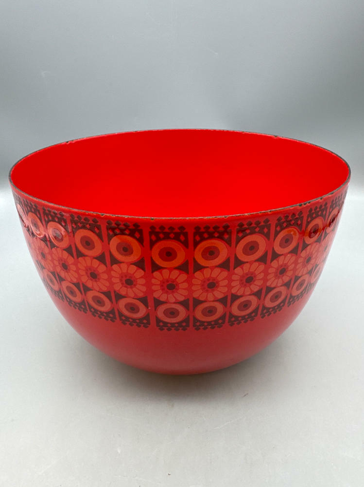 RARE!!! Finel "Arabia" Enamel Bowl Wartsila Finland MCM Red/Orange Daisy Flowers - Good