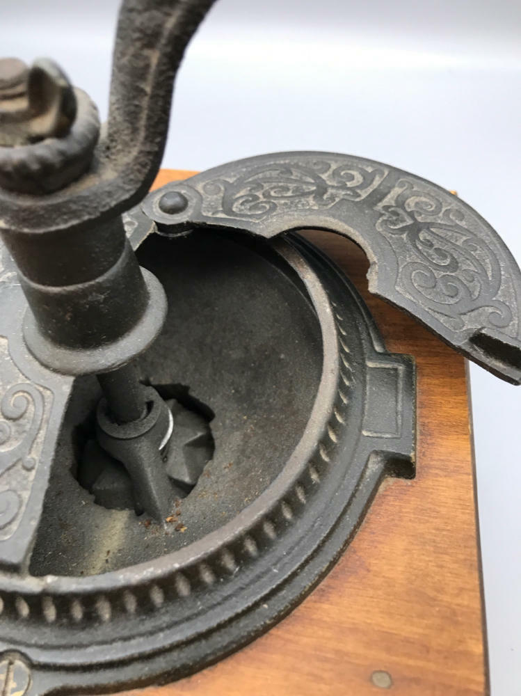 Vintage Coffee Grinder Mill Box with Drawer & Hand Crank Finger Jointed Wood - Good