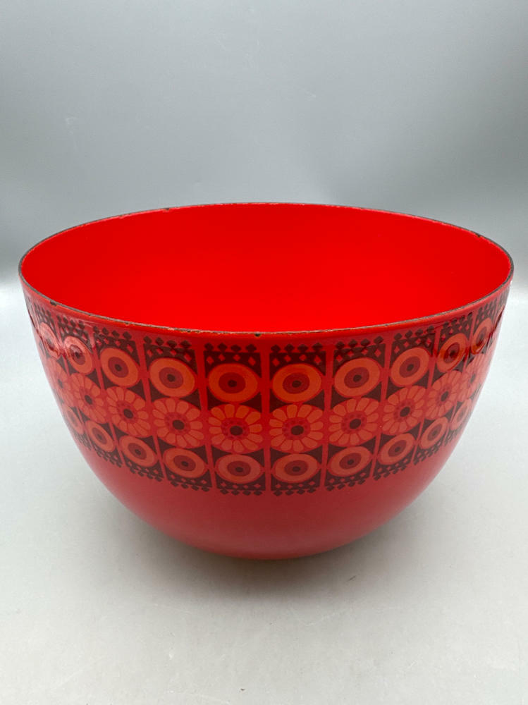 RARE!!! Finel "Arabia" Enamel Bowl Wartsila Finland MCM Red/Orange Daisy Flowers - Good