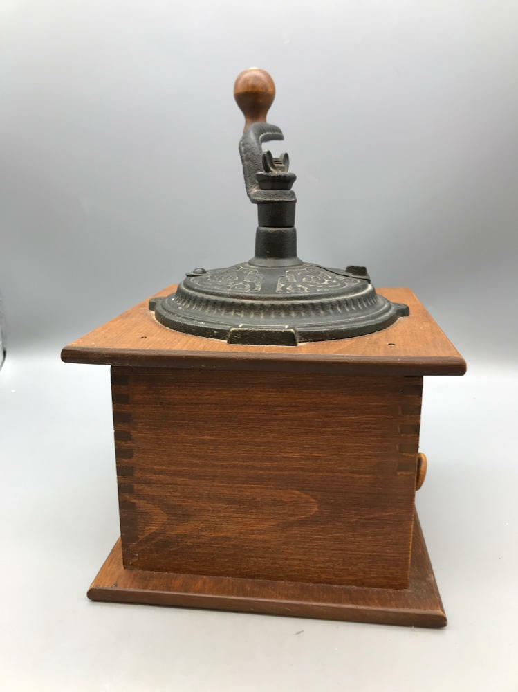 Vintage Coffee Grinder Mill Box with Drawer & Hand Crank Finger Jointed Wood - Good