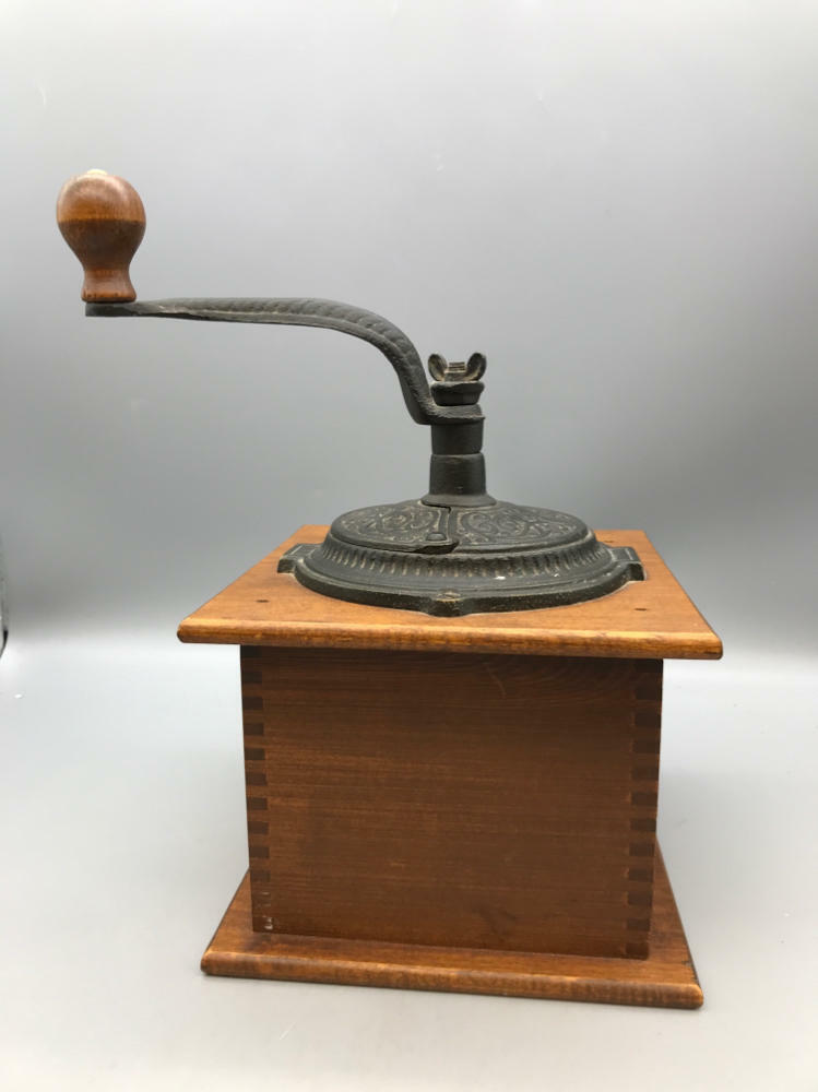 Vintage Coffee Grinder Mill Box with Drawer & Hand Crank Finger Jointed Wood - Good