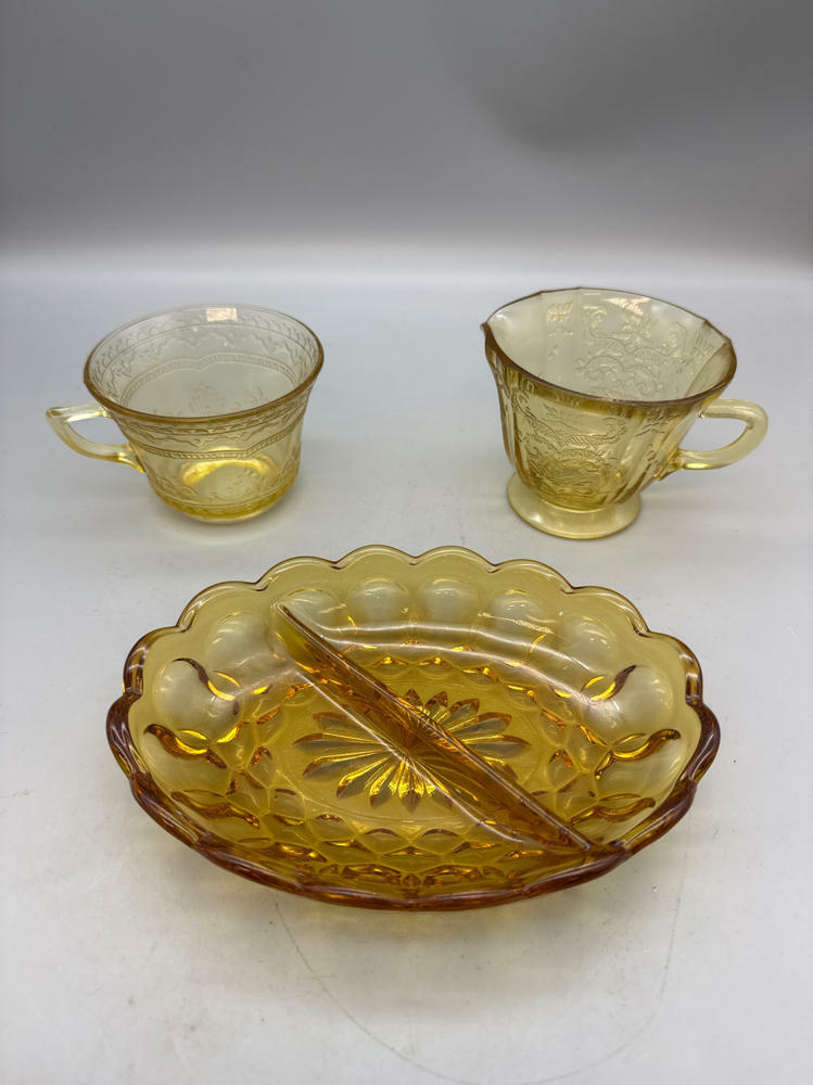 3 Piece Lot of Vintage Yellow Depression Glass Thumbprint Divided Dish & 2 Cups